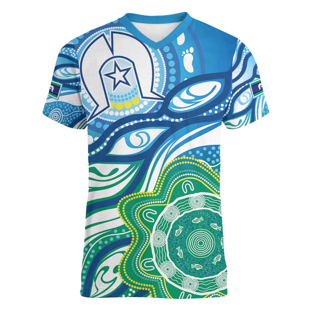 Torres Strait Islander Women V-Neck T-Shirt Aboriginal Blue Art