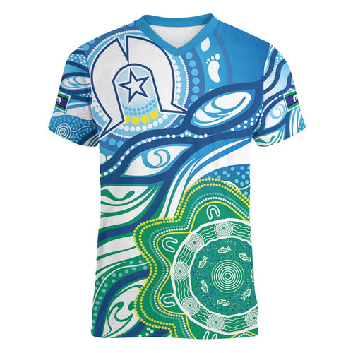Torres Strait Islander Women V-Neck T-Shirt Aboriginal Blue Art