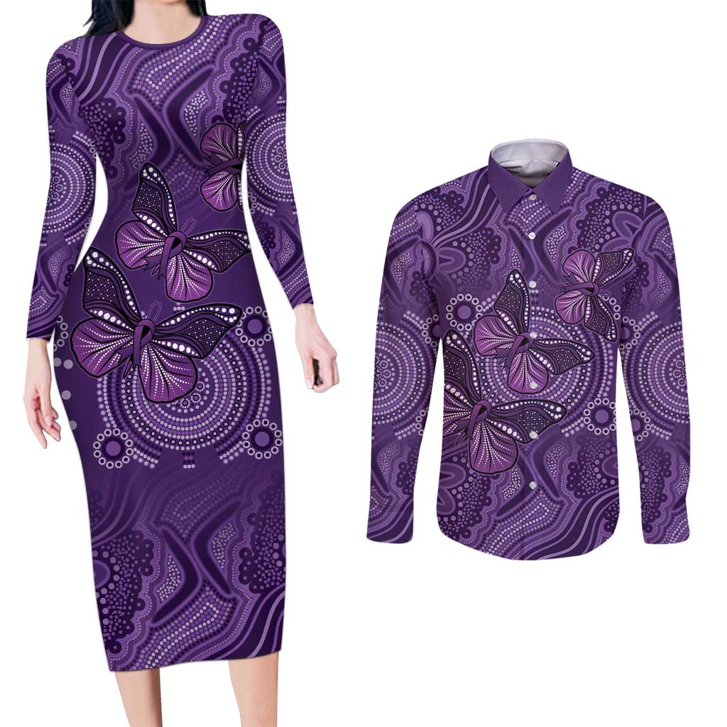 Purple Butterfly Spirit Couples Matching Long Sleeve Bodycon Dress and Long Sleeve Button Shirt Australian Epilepsy Awareness - Aussie Hoodie