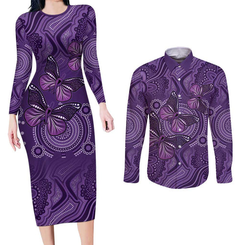 Purple Butterfly Spirit Couples Matching Long Sleeve Bodycon Dress and Long Sleeve Button Shirt Australian Epilepsy Awareness - Aussie Hoodie