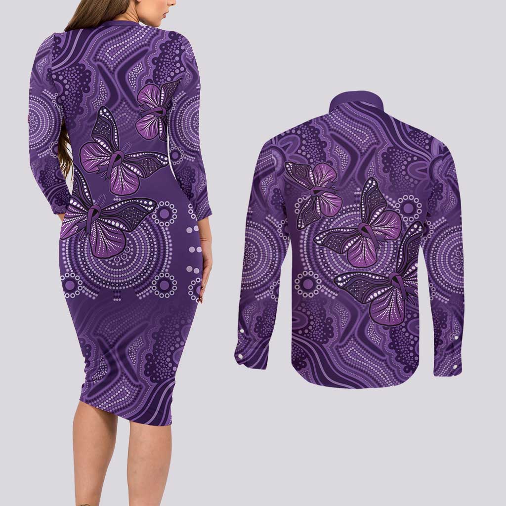 Purple Butterfly Spirit Couples Matching Long Sleeve Bodycon Dress and Long Sleeve Button Shirt Australian Epilepsy Awareness - Aussie Hoodie