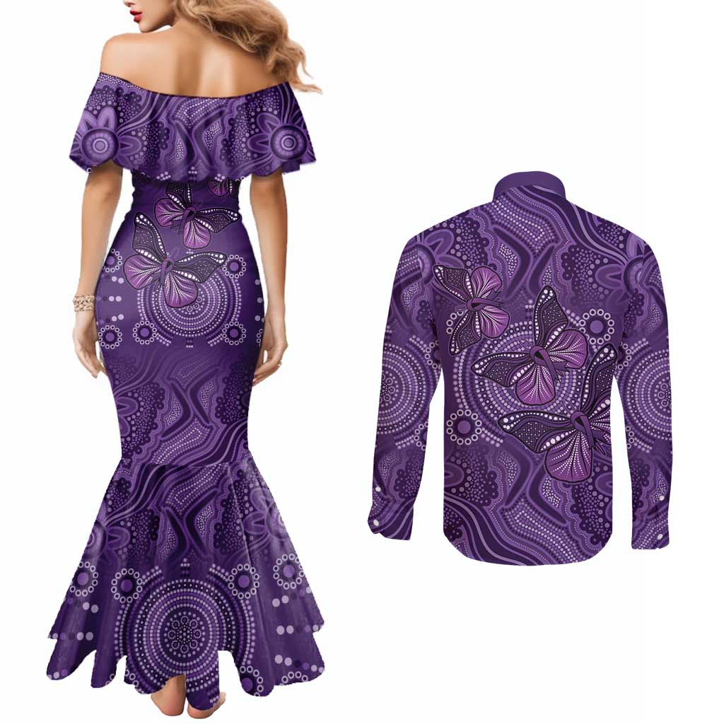 Purple Butterfly Spirit Couples Matching Mermaid Dress and Long Sleeve Button Shirt Australian Epilepsy Awareness - Aussie Hoodie