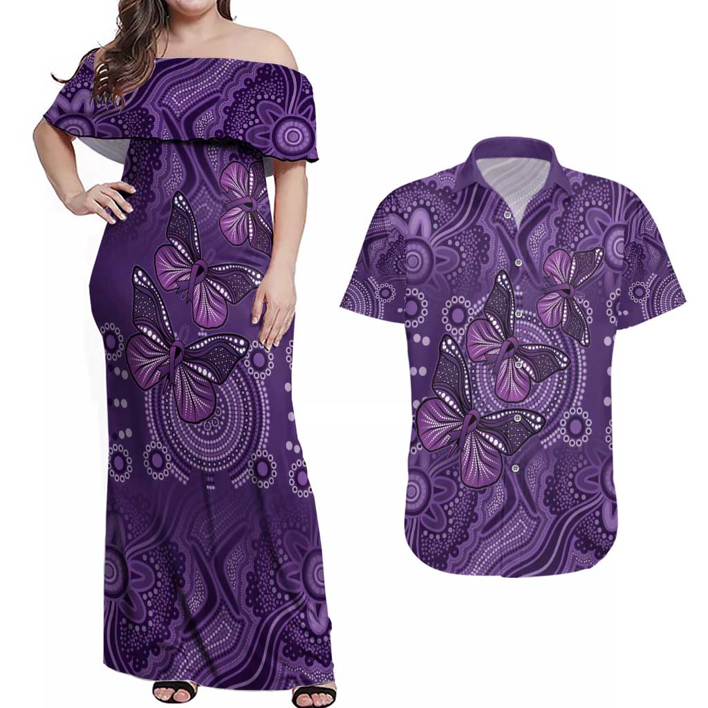 Purple Butterfly Spirit Couples Matching Off Shoulder Maxi Dress and Hawaiian Shirt Australian Epilepsy Awareness - Aussie Hoodie