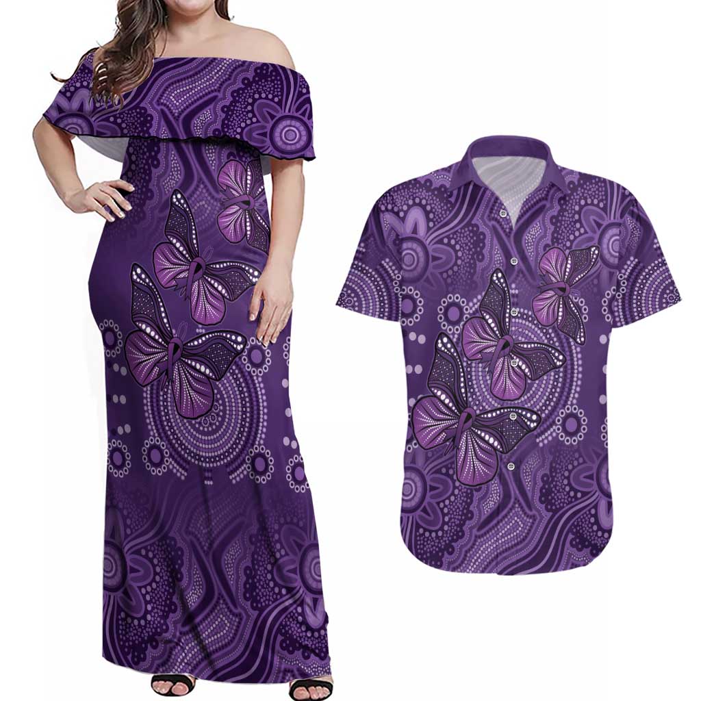 Purple Butterfly Spirit Couples Matching Off Shoulder Maxi Dress and Hawaiian Shirt Australian Epilepsy Awareness - Aussie Hoodie