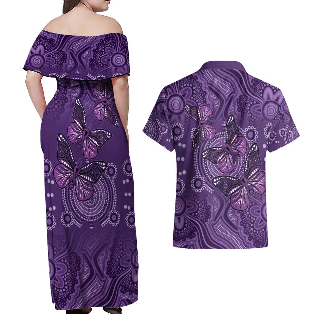 Purple Butterfly Spirit Couples Matching Off Shoulder Maxi Dress and Hawaiian Shirt Australian Epilepsy Awareness - Aussie Hoodie