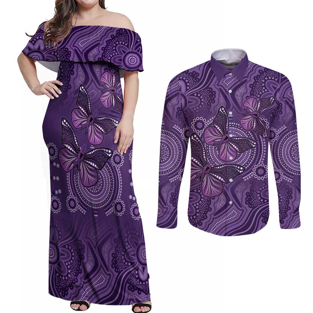 Purple Butterfly Spirit Couples Matching Off Shoulder Maxi Dress and Long Sleeve Button Shirt Australian Epilepsy Awareness - Aussie Hoodie