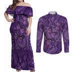 Purple Butterfly Spirit Couples Matching Off Shoulder Maxi Dress and Long Sleeve Button Shirt Australian Epilepsy Awareness - Aussie Hoodie