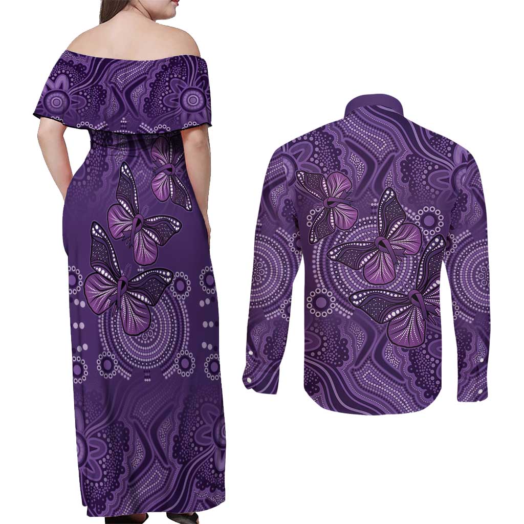 Purple Butterfly Spirit Couples Matching Off Shoulder Maxi Dress and Long Sleeve Button Shirt Australian Epilepsy Awareness - Aussie Hoodie