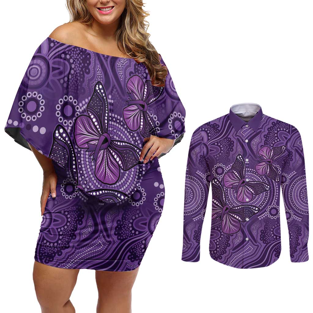 Purple Butterfly Spirit Couples Matching Off Shoulder Short Dress and Long Sleeve Button Shirt Australian Epilepsy Awareness - Aussie Hoodie