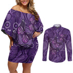 Purple Butterfly Spirit Couples Matching Off Shoulder Short Dress and Long Sleeve Button Shirt Australian Epilepsy Awareness - Aussie Hoodie