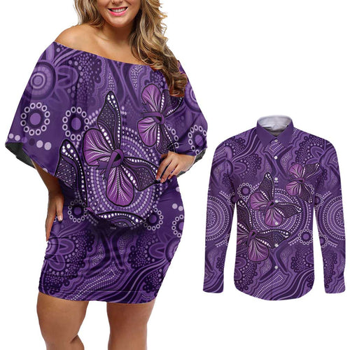 Purple Butterfly Spirit Couples Matching Off Shoulder Short Dress and Long Sleeve Button Shirt Australian Epilepsy Awareness - Aussie Hoodie