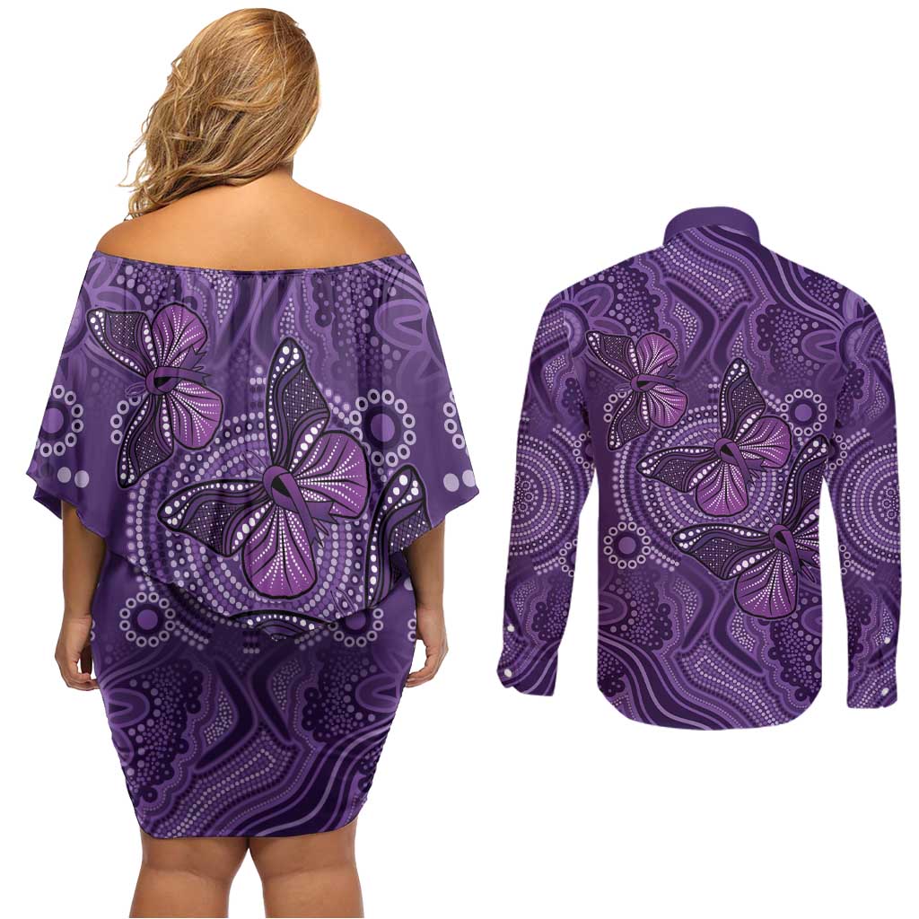 Purple Butterfly Spirit Couples Matching Off Shoulder Short Dress and Long Sleeve Button Shirt Australian Epilepsy Awareness - Aussie Hoodie