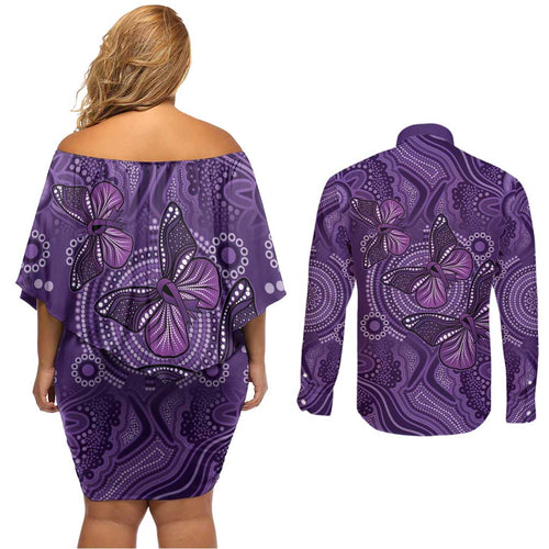 Purple Butterfly Spirit Couples Matching Off Shoulder Short Dress and Long Sleeve Button Shirt Australian Epilepsy Awareness - Aussie Hoodie