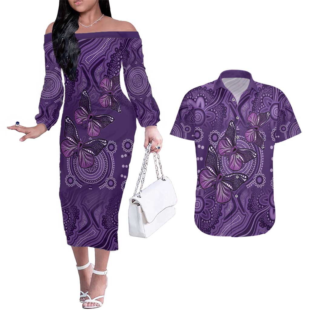 Purple Butterfly Spirit Couples Matching Off The Shoulder Long Sleeve Dress and Hawaiian Shirt Australian Epilepsy Awareness - Aussie Hoodie