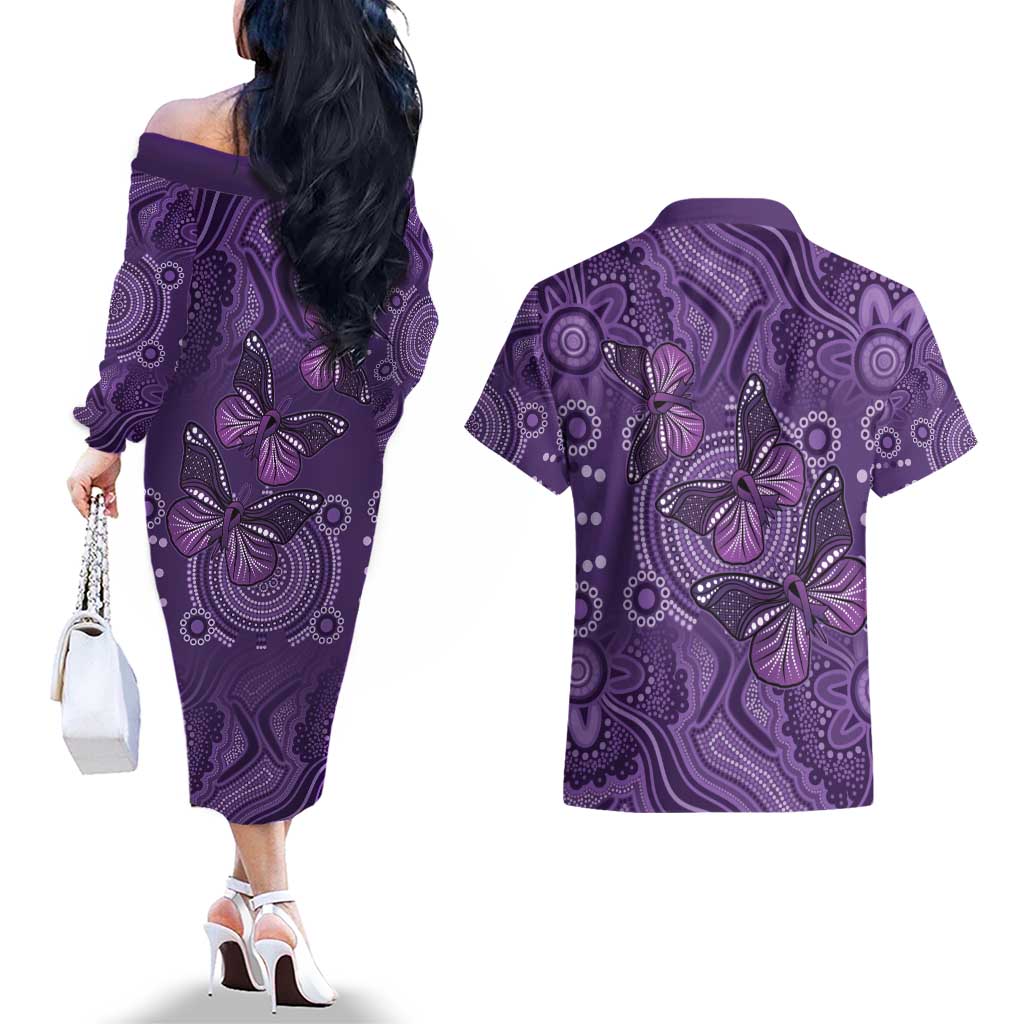 Purple Butterfly Spirit Couples Matching Off The Shoulder Long Sleeve Dress and Hawaiian Shirt Australian Epilepsy Awareness - Aussie Hoodie