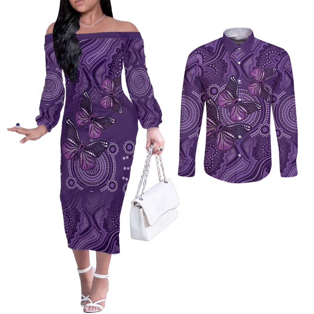 Purple Butterfly Spirit Couples Matching Off The Shoulder Long Sleeve Dress and Long Sleeve Button Shirt Australian Epilepsy Awareness - Aussie Hoodie