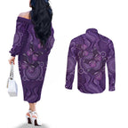 Purple Butterfly Spirit Couples Matching Off The Shoulder Long Sleeve Dress and Long Sleeve Button Shirt Australian Epilepsy Awareness - Aussie Hoodie