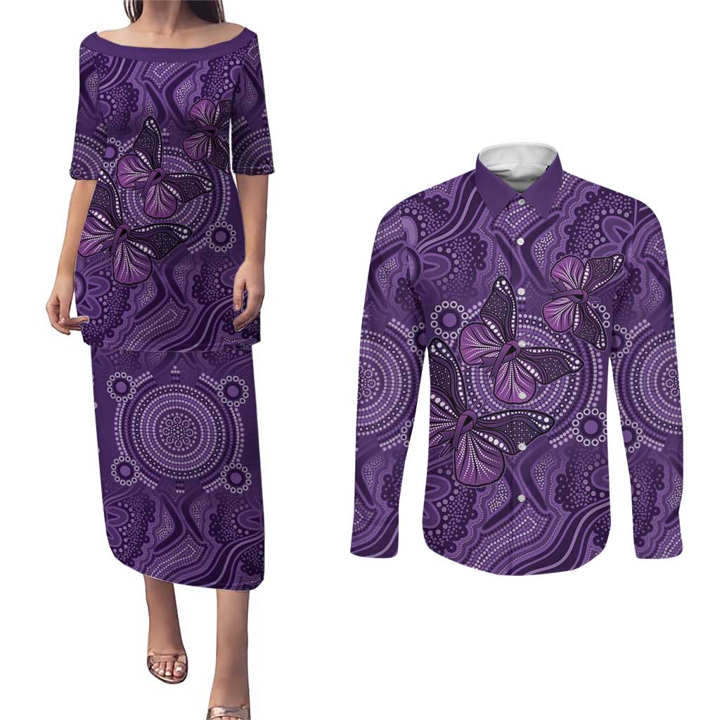 Purple Butterfly Spirit Couples Matching Puletasi and Long Sleeve Button Shirt Australian Epilepsy Awareness - Aussie Hoodie