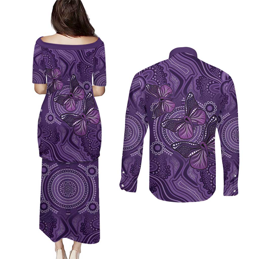 Purple Butterfly Spirit Couples Matching Puletasi and Long Sleeve Button Shirt Australian Epilepsy Awareness - Aussie Hoodie
