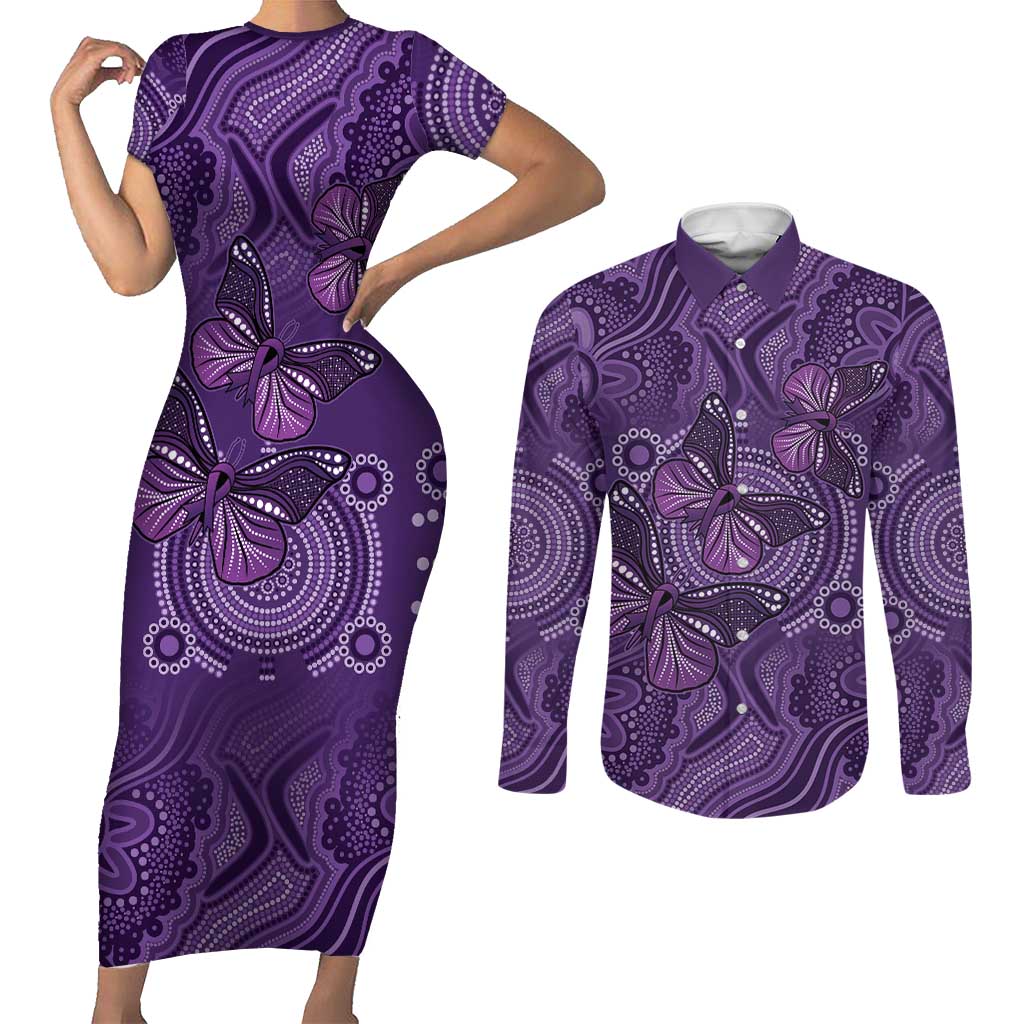 Purple Butterfly Spirit Couples Matching Short Sleeve Bodycon Dress and Long Sleeve Button Shirt Australian Epilepsy Awareness - Aussie Hoodie