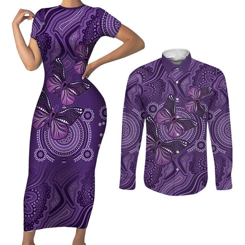 Purple Butterfly Spirit Couples Matching Short Sleeve Bodycon Dress and Long Sleeve Button Shirt Australian Epilepsy Awareness - Aussie Hoodie