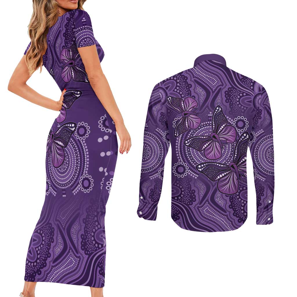 Purple Butterfly Spirit Couples Matching Short Sleeve Bodycon Dress and Long Sleeve Button Shirt Australian Epilepsy Awareness - Aussie Hoodie