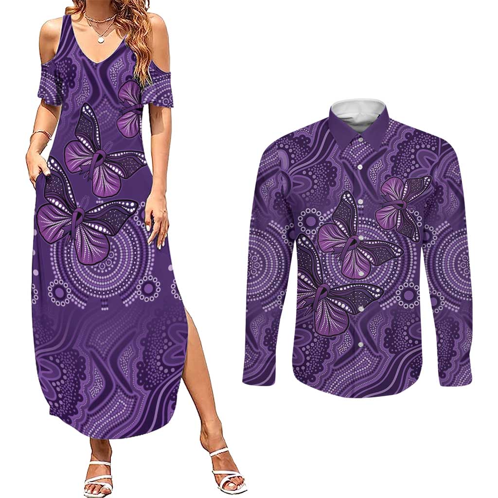 Purple Butterfly Spirit Couples Matching Summer Maxi Dress and Long Sleeve Button Shirt Australian Epilepsy Awareness - Aussie Hoodie