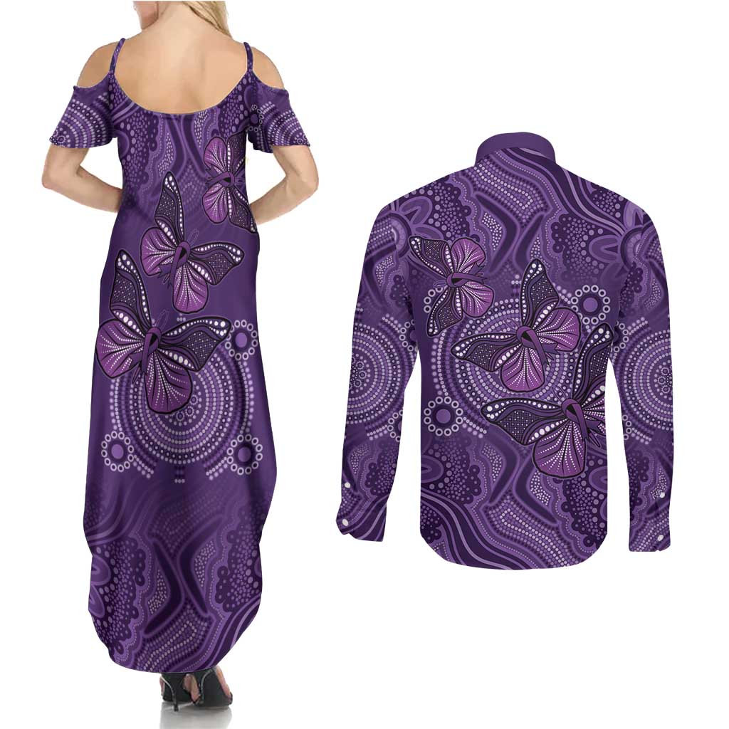 Purple Butterfly Spirit Couples Matching Summer Maxi Dress and Long Sleeve Button Shirt Australian Epilepsy Awareness - Aussie Hoodie