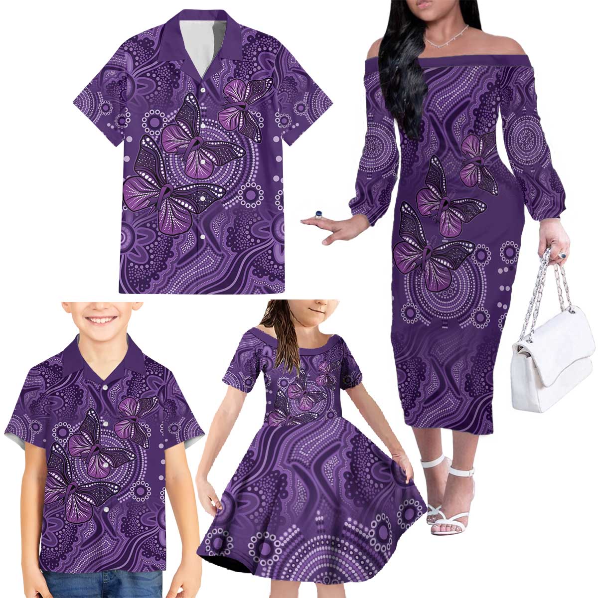 Purple Butterfly Spirit Family Matching Off The Shoulder Long Sleeve Dress and Hawaiian Shirt Australian Epilepsy Awareness - Aussie Hoodie