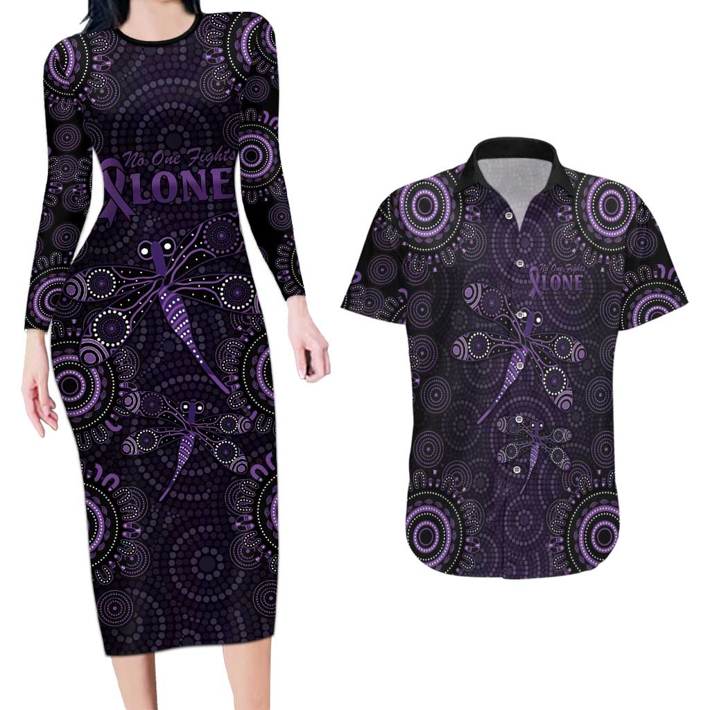 Purple Dragonfly Aboriginal of Hope Couples Matching Long Sleeve Bodycon Dress and Hawaiian Shirt Australian Epilepsy Awareness - Aussie Hoodie