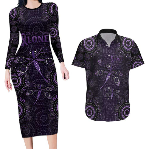 Purple Dragonfly Aboriginal of Hope Couples Matching Long Sleeve Bodycon Dress and Hawaiian Shirt Australian Epilepsy Awareness - Aussie Hoodie