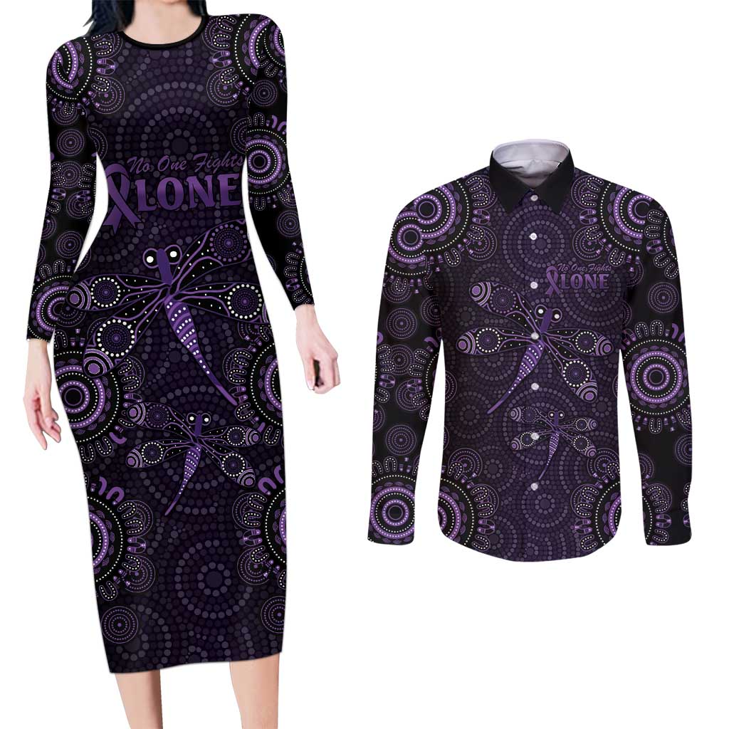 Purple Dragonfly Aboriginal of Hope Couples Matching Long Sleeve Bodycon Dress and Long Sleeve Button Shirt Australian Epilepsy Awareness - Aussie Hoodie