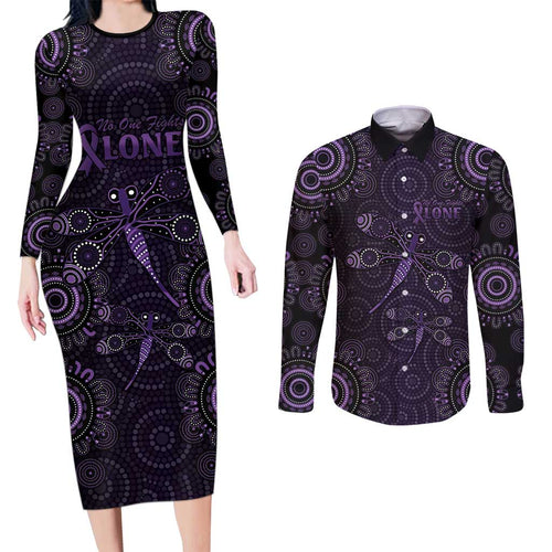 Purple Dragonfly Aboriginal of Hope Couples Matching Long Sleeve Bodycon Dress and Long Sleeve Button Shirt Australian Epilepsy Awareness - Aussie Hoodie