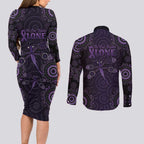 Purple Dragonfly Aboriginal of Hope Couples Matching Long Sleeve Bodycon Dress and Long Sleeve Button Shirt Australian Epilepsy Awareness - Aussie Hoodie