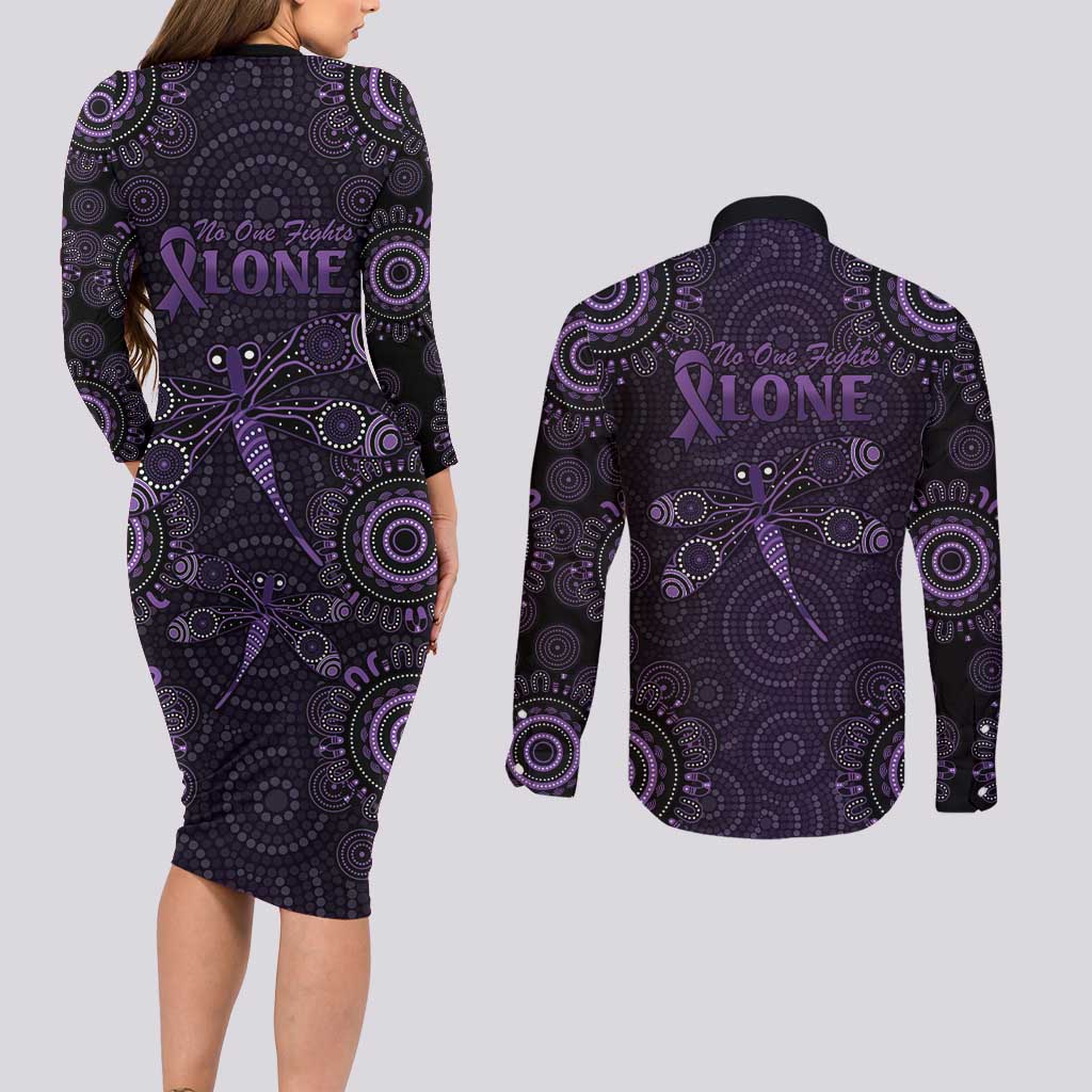 Purple Dragonfly Aboriginal of Hope Couples Matching Long Sleeve Bodycon Dress and Long Sleeve Button Shirt Australian Epilepsy Awareness - Aussie Hoodie