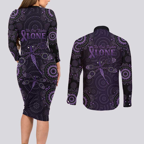 Purple Dragonfly Aboriginal of Hope Couples Matching Long Sleeve Bodycon Dress and Long Sleeve Button Shirt Australian Epilepsy Awareness - Aussie Hoodie