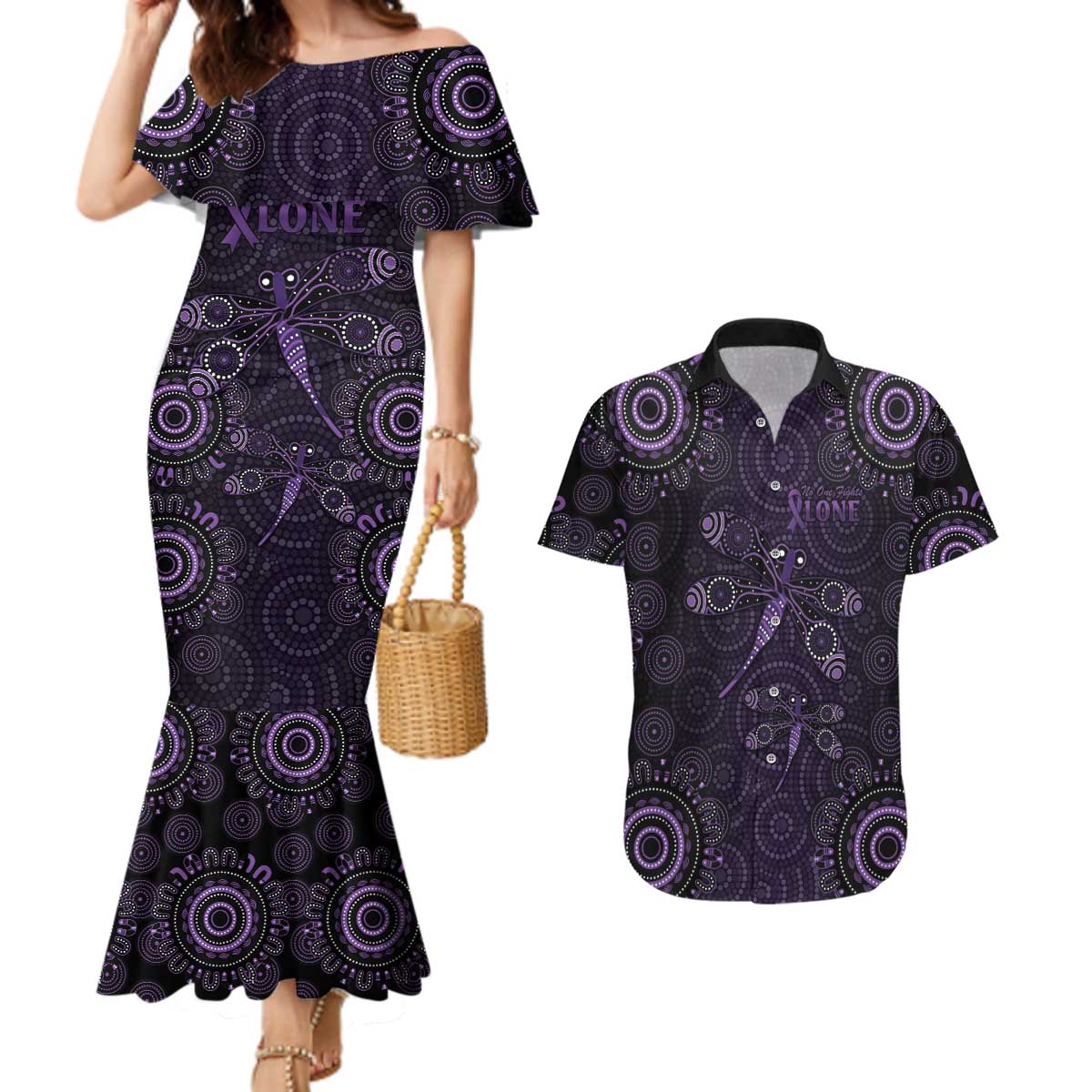Purple Dragonfly Aboriginal of Hope Couples Matching Mermaid Dress and Hawaiian Shirt Australian Epilepsy Awareness - Aussie Hoodie