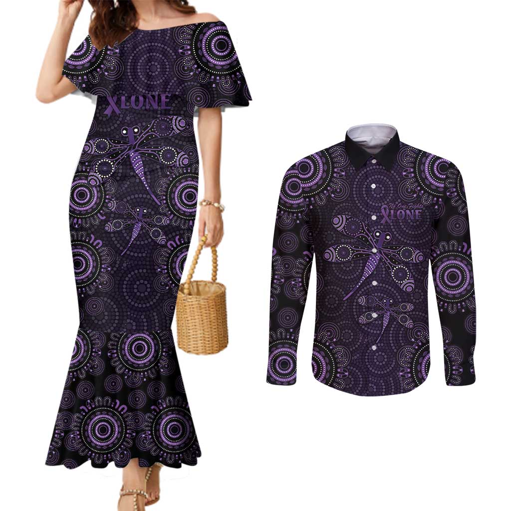 Purple Dragonfly Aboriginal of Hope Couples Matching Mermaid Dress and Long Sleeve Button Shirt Australian Epilepsy Awareness - Aussie Hoodie
