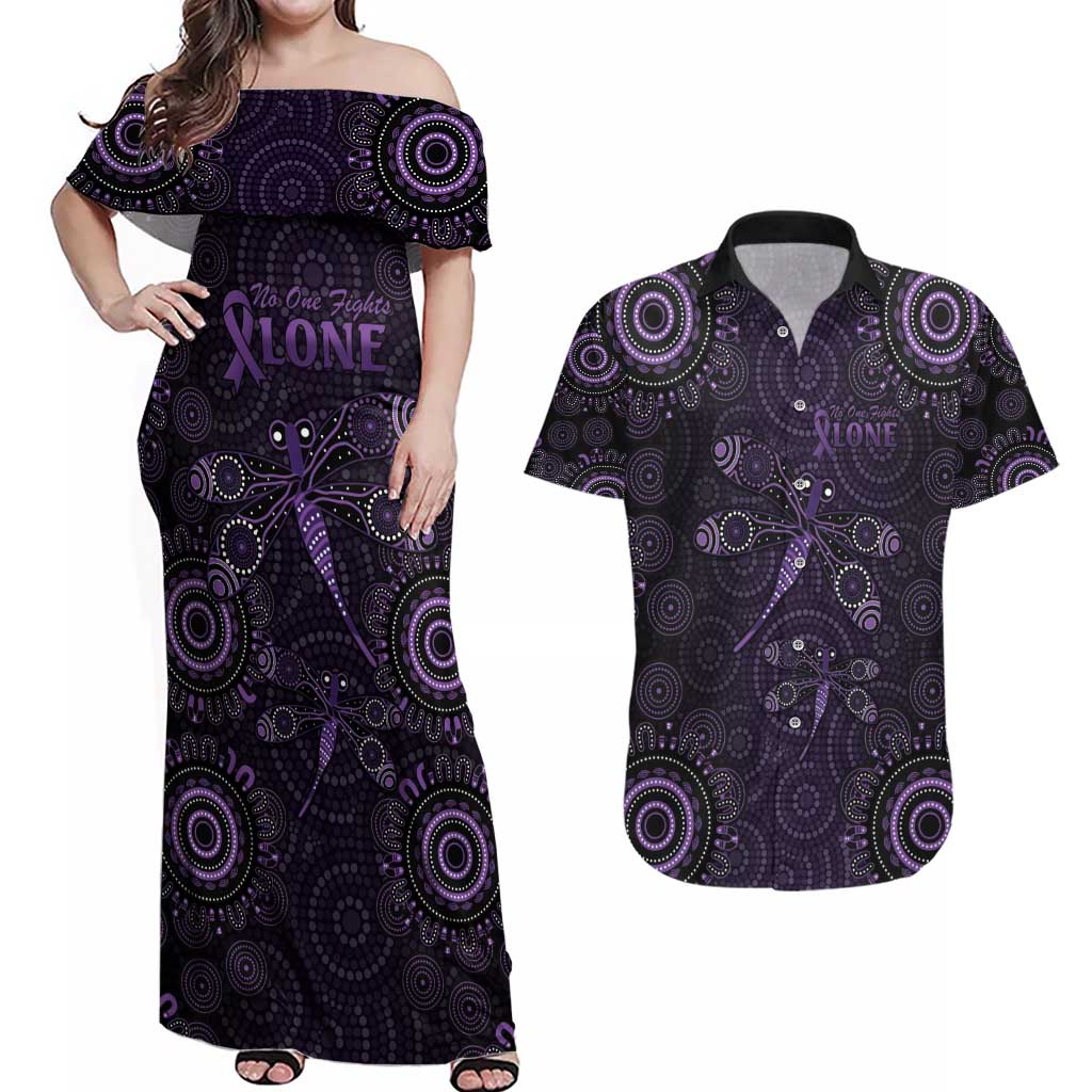 Purple Dragonfly Aboriginal of Hope Couples Matching Off Shoulder Maxi Dress and Hawaiian Shirt Australian Epilepsy Awareness - Aussie Hoodie