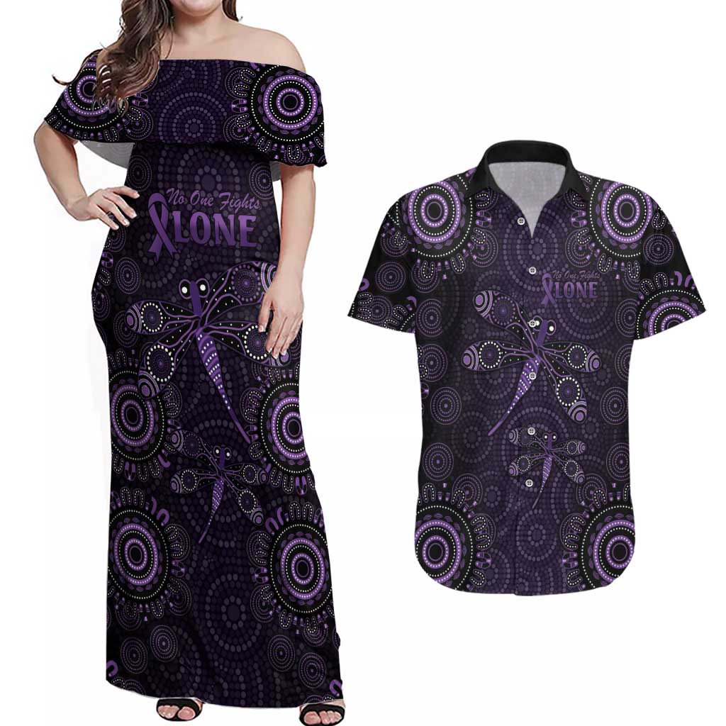 Purple Dragonfly Aboriginal of Hope Couples Matching Off Shoulder Maxi Dress and Hawaiian Shirt Australian Epilepsy Awareness - Aussie Hoodie