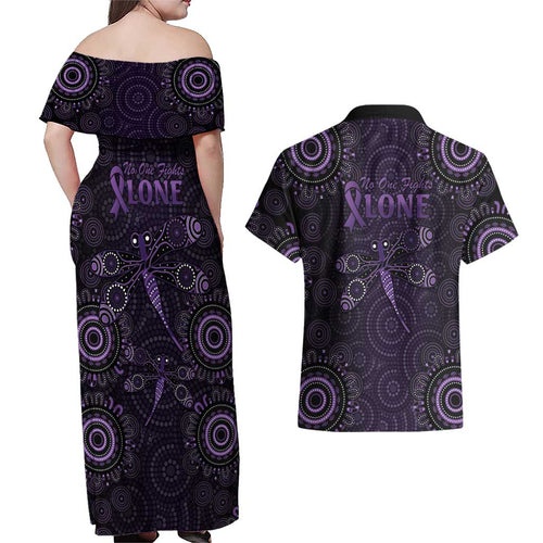Purple Dragonfly Aboriginal of Hope Couples Matching Off Shoulder Maxi Dress and Hawaiian Shirt Australian Epilepsy Awareness - Aussie Hoodie
