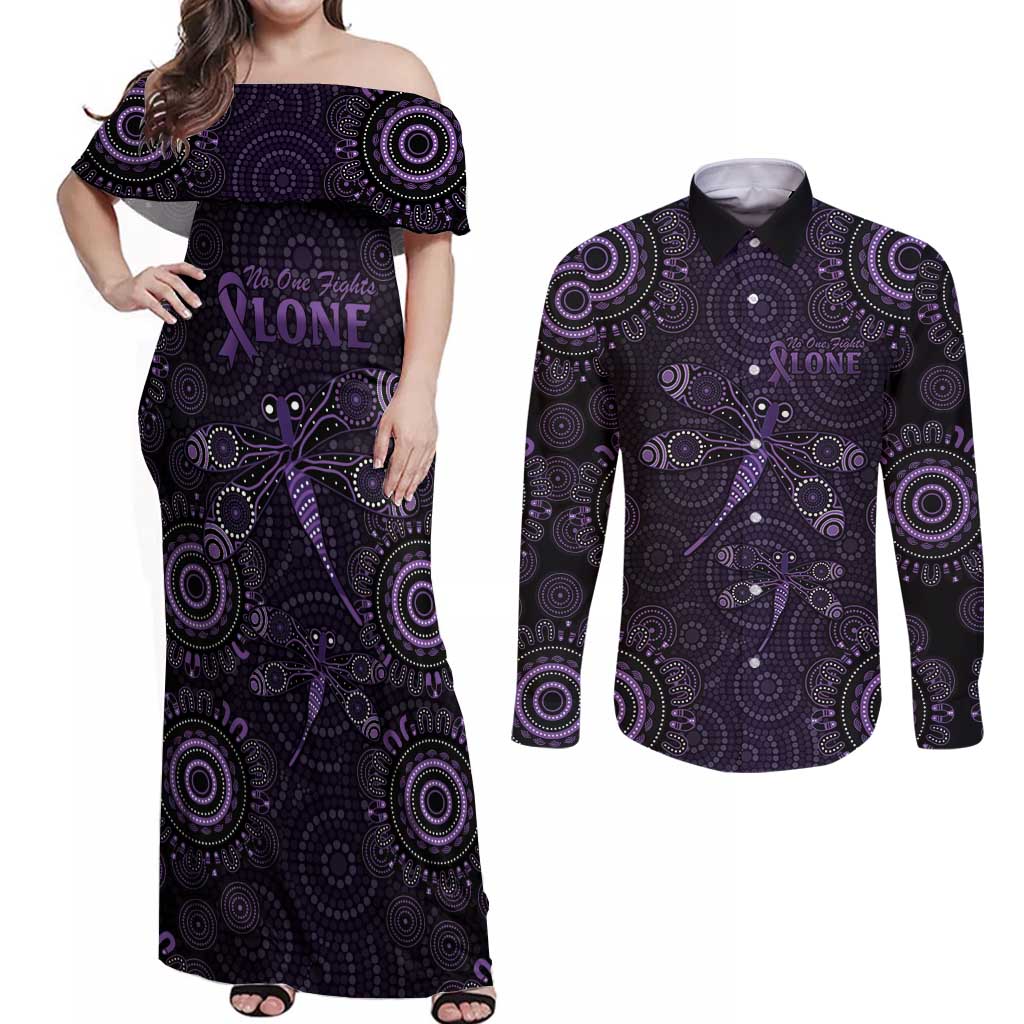 Purple Dragonfly Aboriginal of Hope Couples Matching Off Shoulder Maxi Dress and Long Sleeve Button Shirt Australian Epilepsy Awareness - Aussie Hoodie