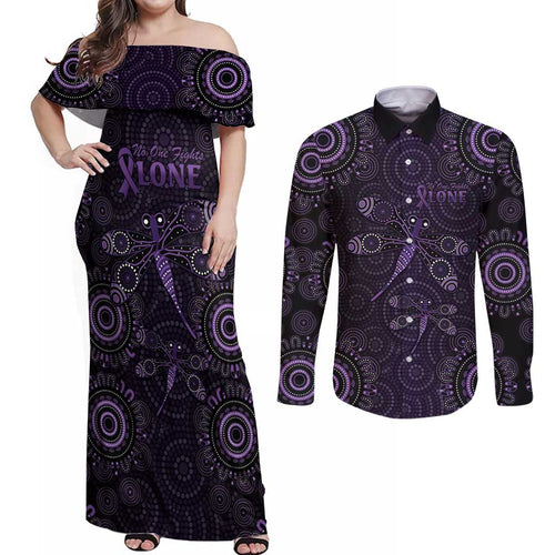 Purple Dragonfly Aboriginal of Hope Couples Matching Off Shoulder Maxi Dress and Long Sleeve Button Shirt Australian Epilepsy Awareness - Aussie Hoodie