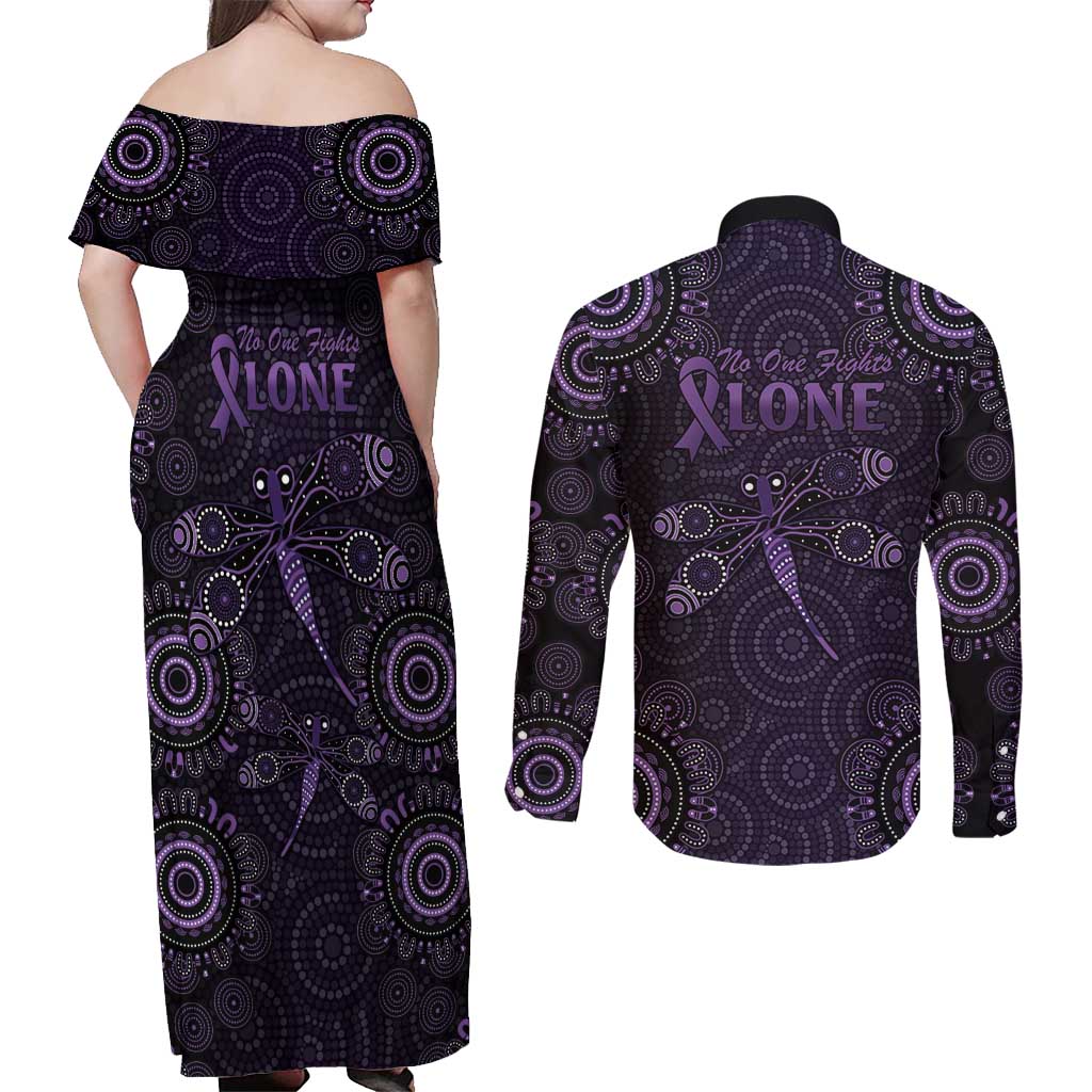 Purple Dragonfly Aboriginal of Hope Couples Matching Off Shoulder Maxi Dress and Long Sleeve Button Shirt Australian Epilepsy Awareness - Aussie Hoodie