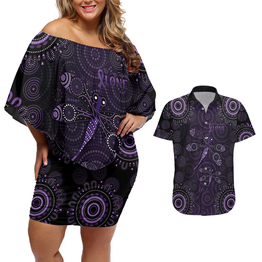 Purple Dragonfly Aboriginal of Hope Couples Matching Off Shoulder Short Dress and Hawaiian Shirt Australian Epilepsy Awareness - Aussie Hoodie