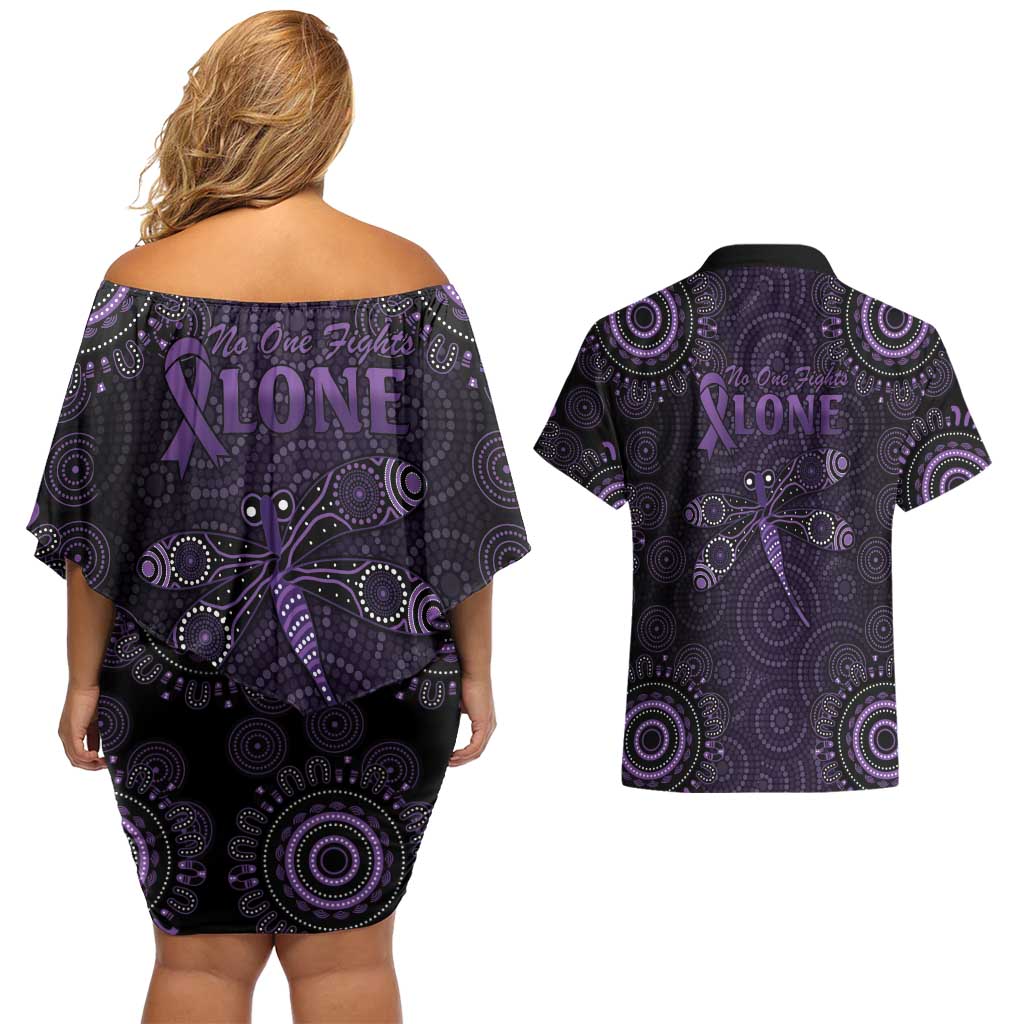 Purple Dragonfly Aboriginal of Hope Couples Matching Off Shoulder Short Dress and Hawaiian Shirt Australian Epilepsy Awareness - Aussie Hoodie
