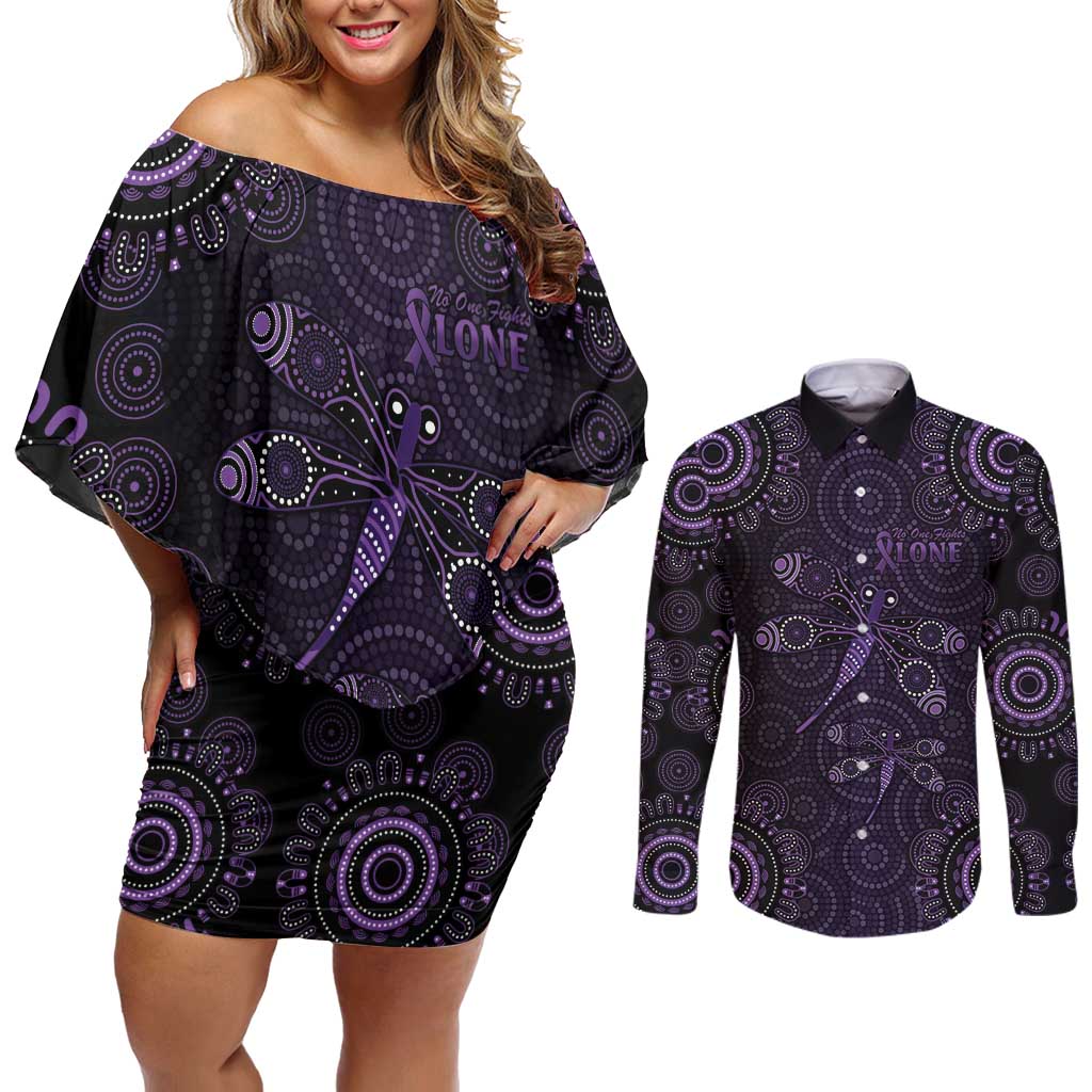 Purple Dragonfly Aboriginal of Hope Couples Matching Off Shoulder Short Dress and Long Sleeve Button Shirt Australian Epilepsy Awareness - Aussie Hoodie