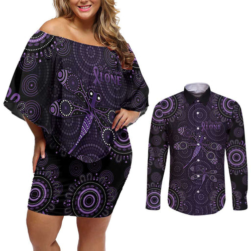 Purple Dragonfly Aboriginal of Hope Couples Matching Off Shoulder Short Dress and Long Sleeve Button Shirt Australian Epilepsy Awareness - Aussie Hoodie