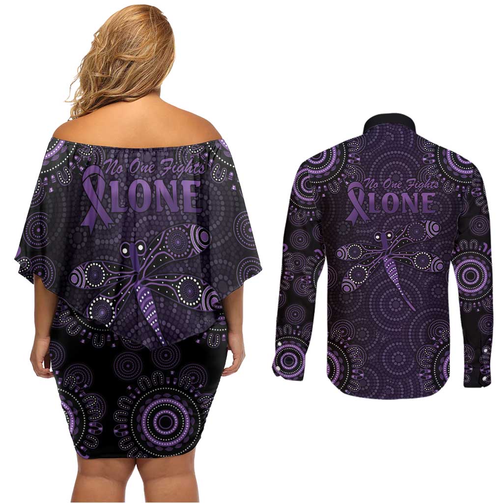 Purple Dragonfly Aboriginal of Hope Couples Matching Off Shoulder Short Dress and Long Sleeve Button Shirt Australian Epilepsy Awareness - Aussie Hoodie
