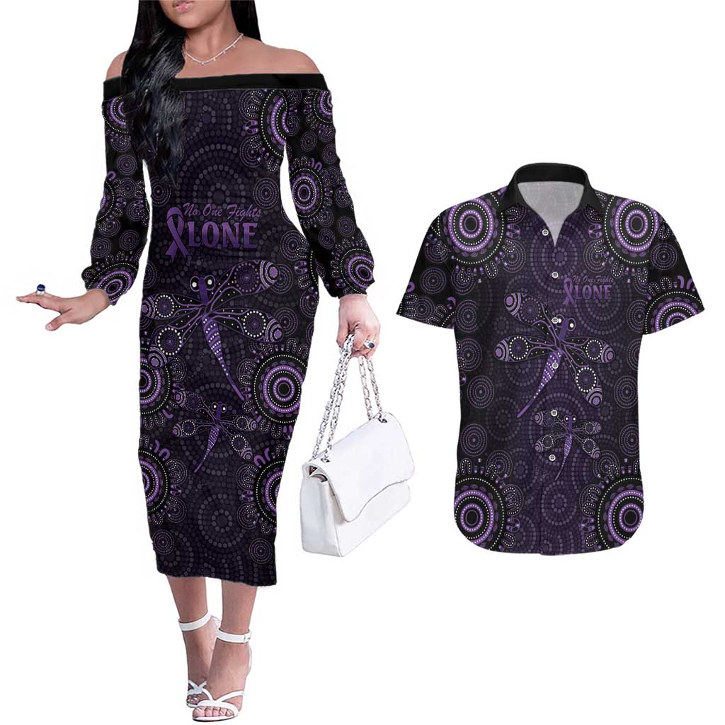 Purple Dragonfly Aboriginal of Hope Couples Matching Off The Shoulder Long Sleeve Dress and Hawaiian Shirt Australian Epilepsy Awareness - Aussie Hoodie